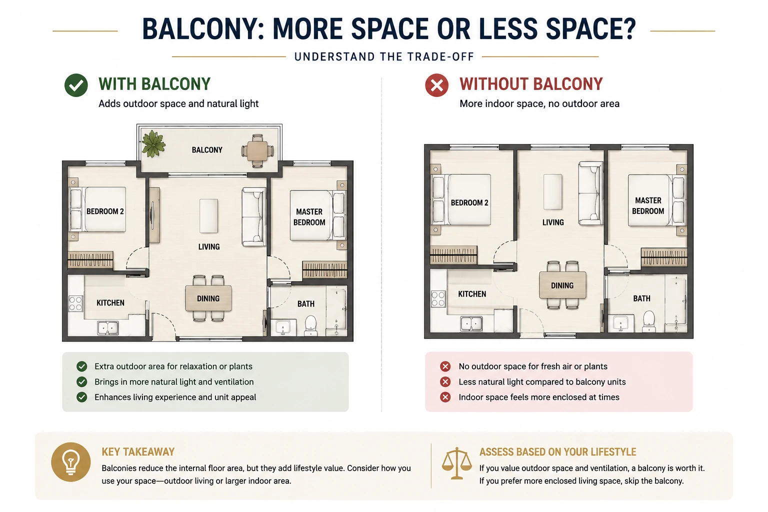 Comparison showing condominium layouts with and without balconies