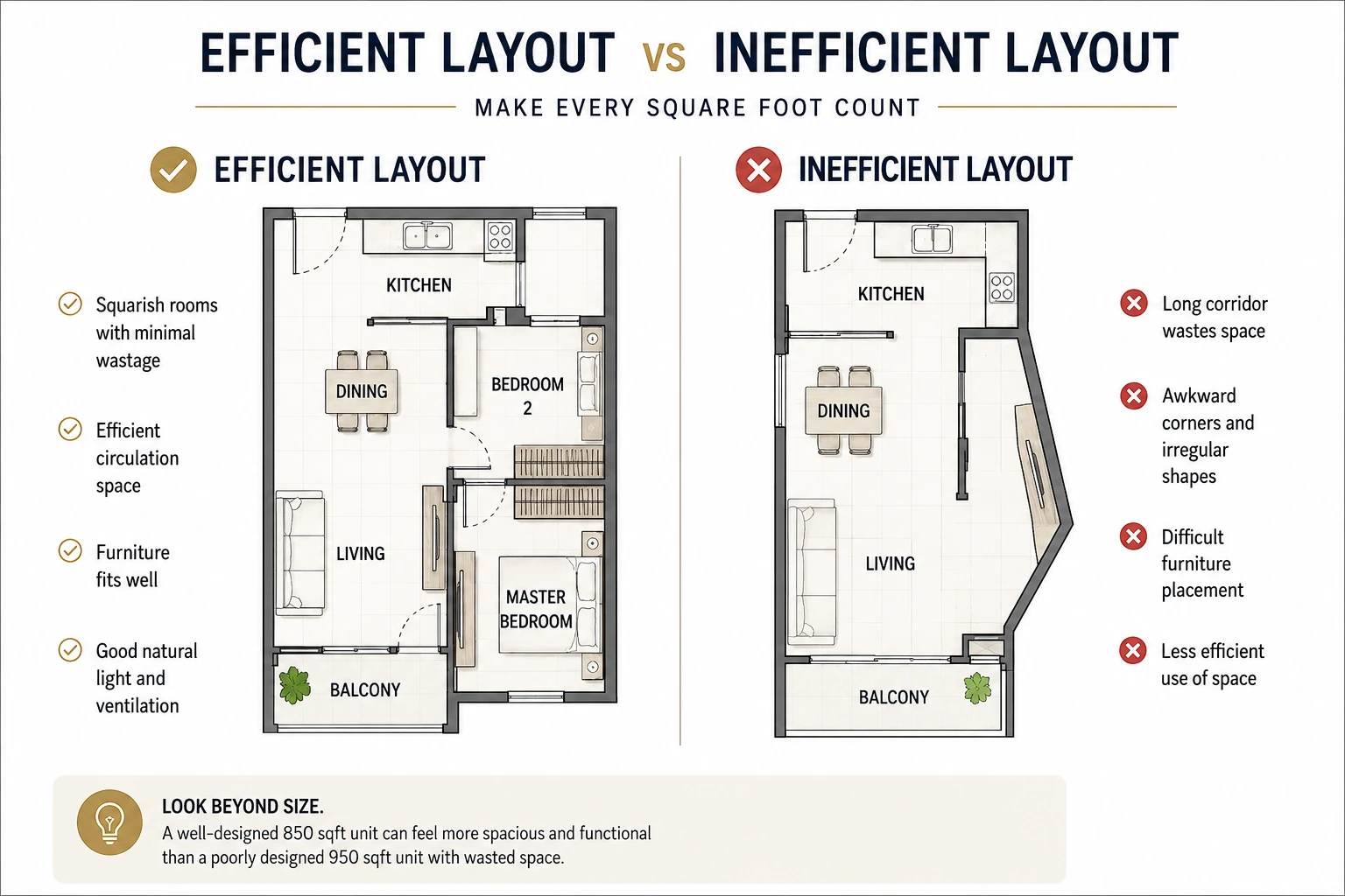 Efficient condominium layout compared with an inefficient layout containing wasted space