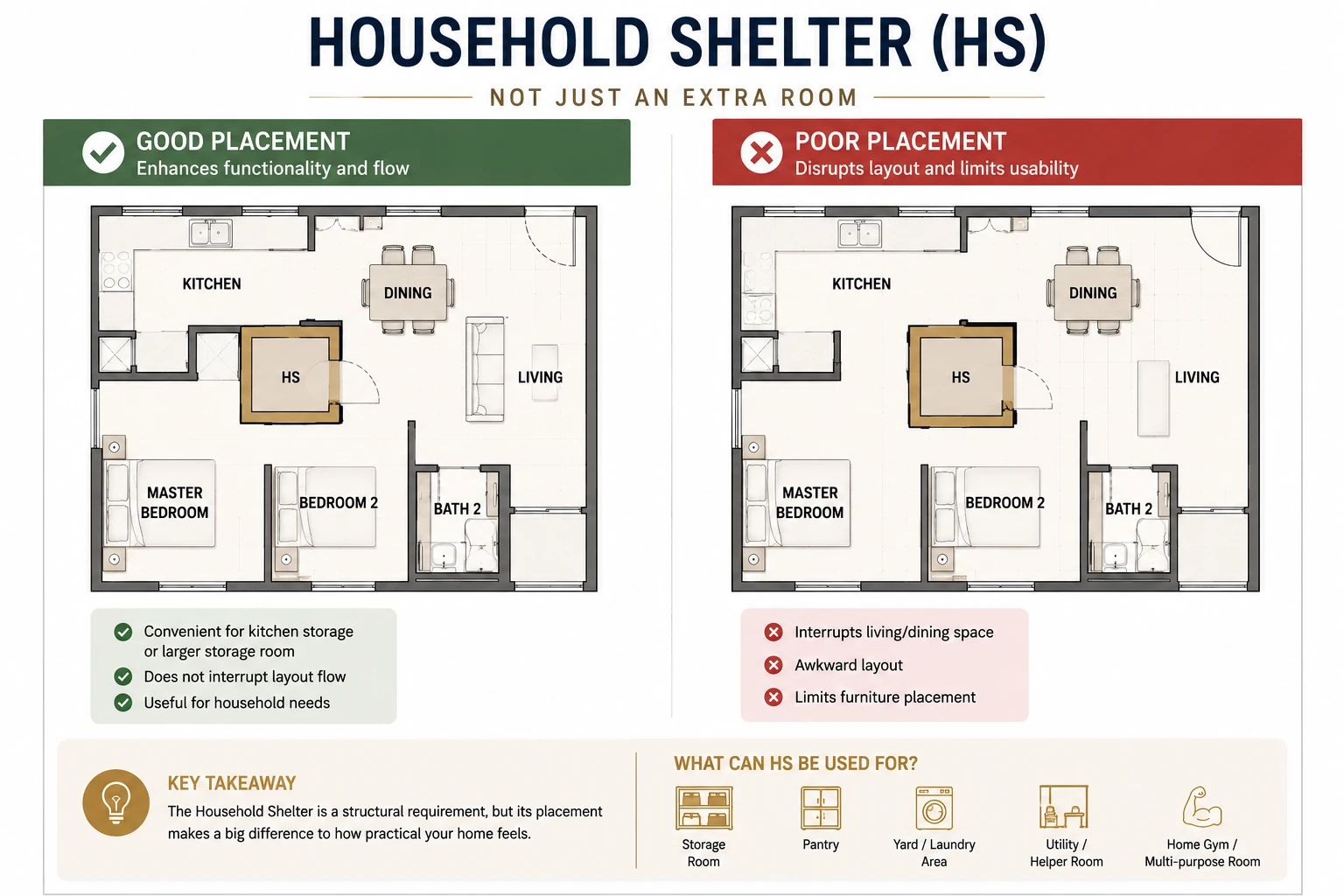 Comparison showing different household shelter placements within condominium floor plans