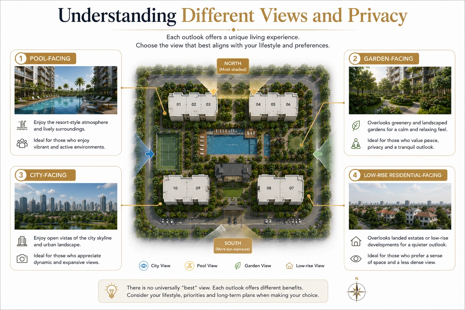 Different condominium views including pool, gardens, city skyline and neighbouring low-rise houses.