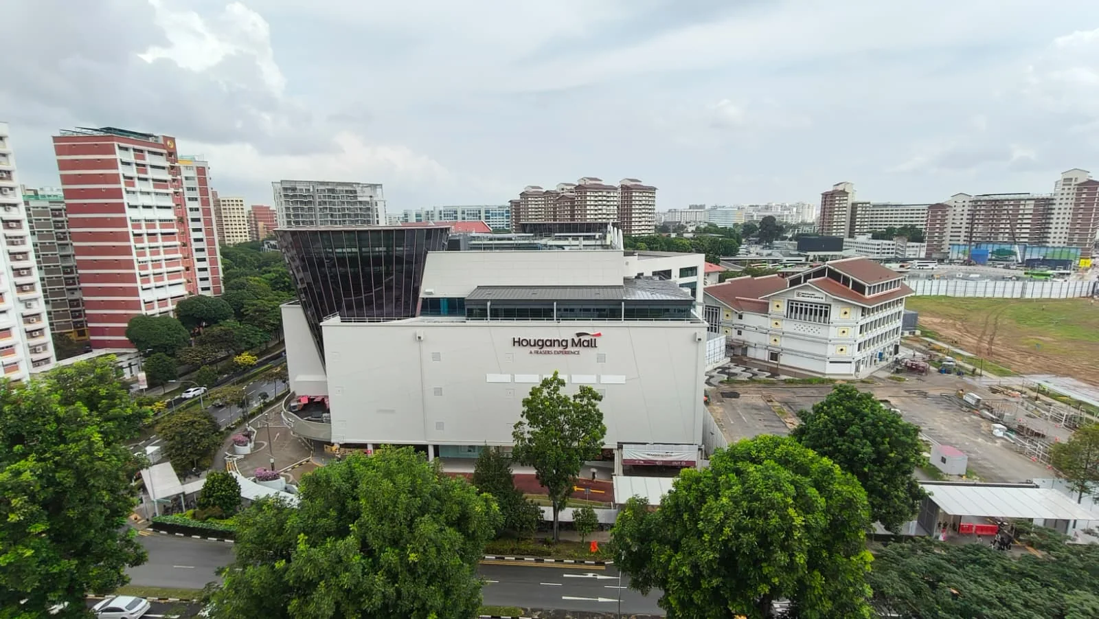 Elevated view of Hougang Mall and surrounding neighbourhood